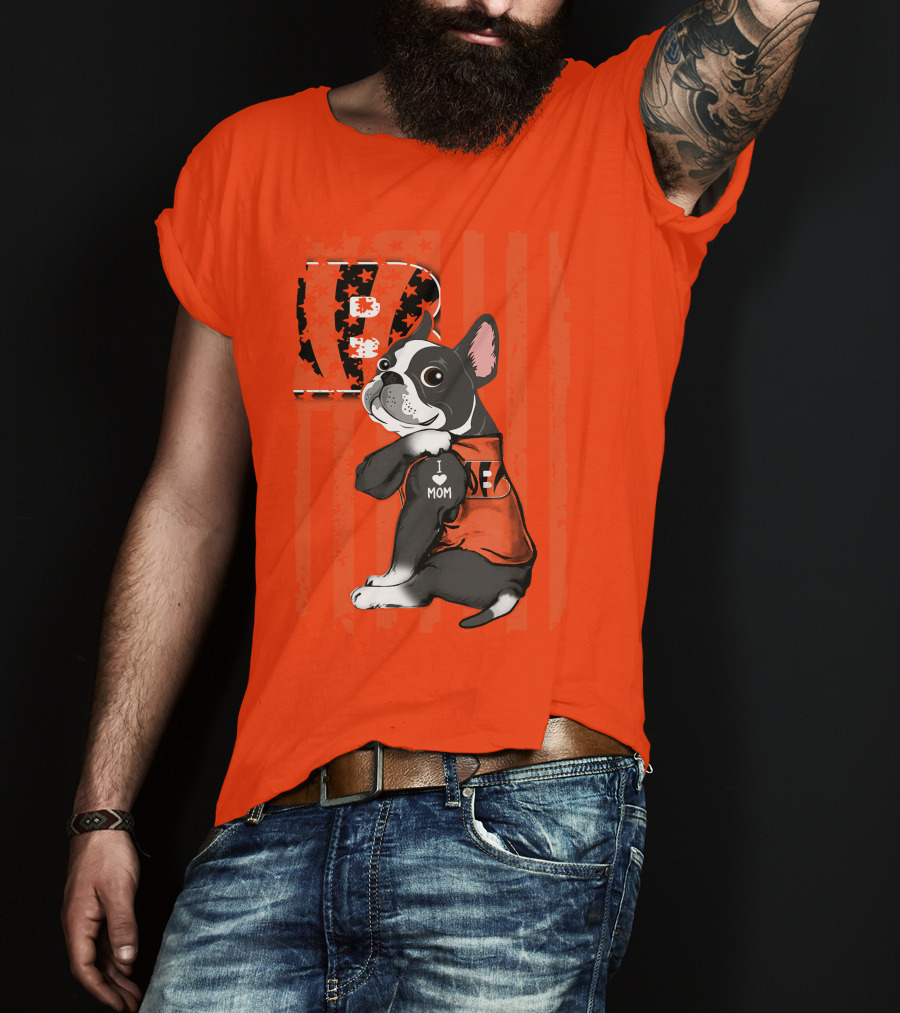 Boston Terrier Cincinnati Bengals B Stripes I Love Mom Football Fan Dog T-Shirt