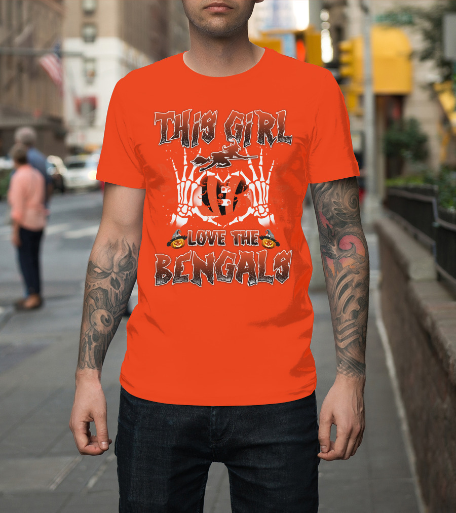 This Girl Love The Bengals Halloween Skeleton Hands And Pumpkins T-Shirt