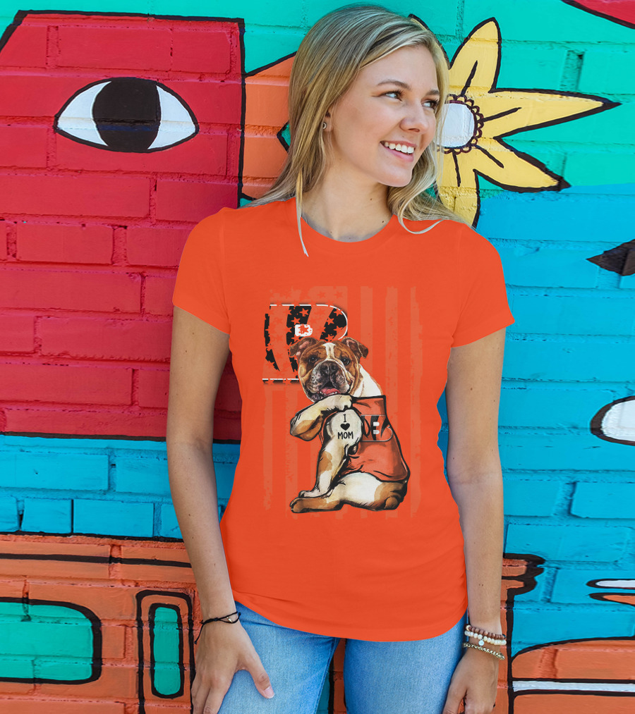 Bulldog Cincinnati Bengals I Love Mom Orange Stripes T-Shirt