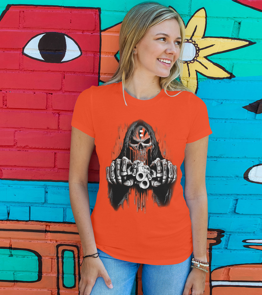 Cincinnati Bengals 41 Skeleton Skull With Guns T-Shirt