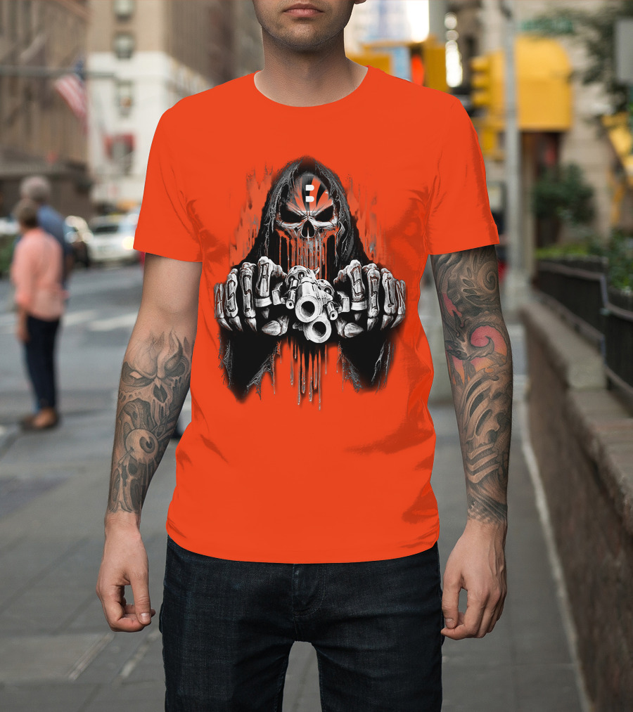 Cincinnati Bengals 41 Skeleton Skull With Guns T-Shirt