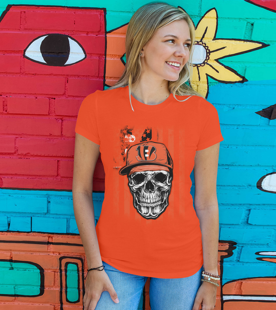 Skull V1 Cincinnati Bengals Hat American Flag Stripes T-Shirt