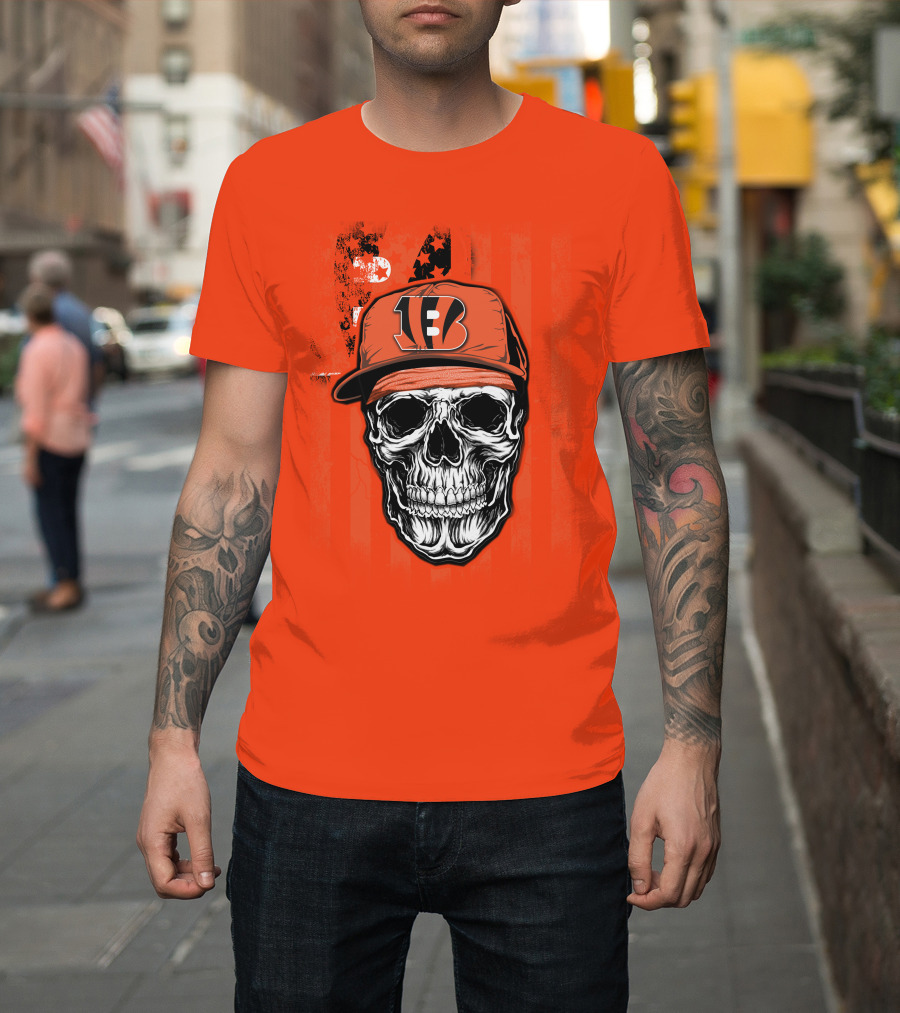 Skull V1 Cincinnati Bengals Hat American Flag Stripes T-Shirt