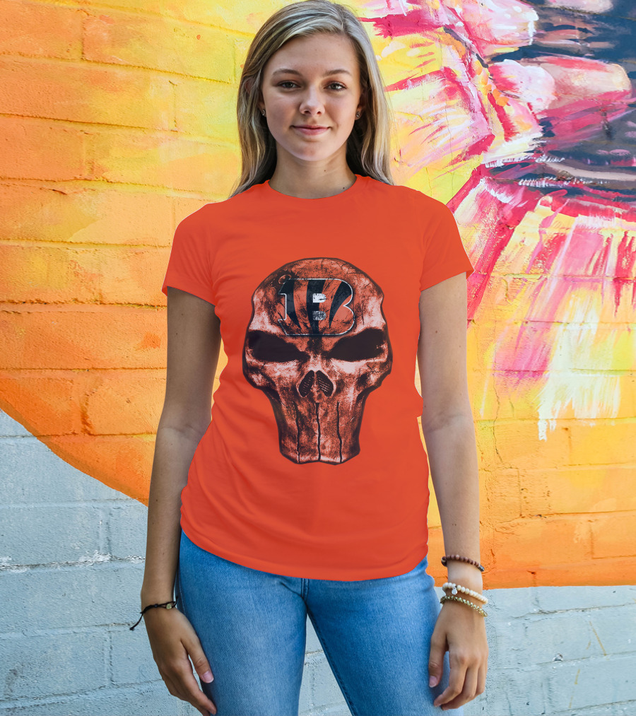 Skull Cincinnati Bengals Logo On Bold Orange T-Shirt