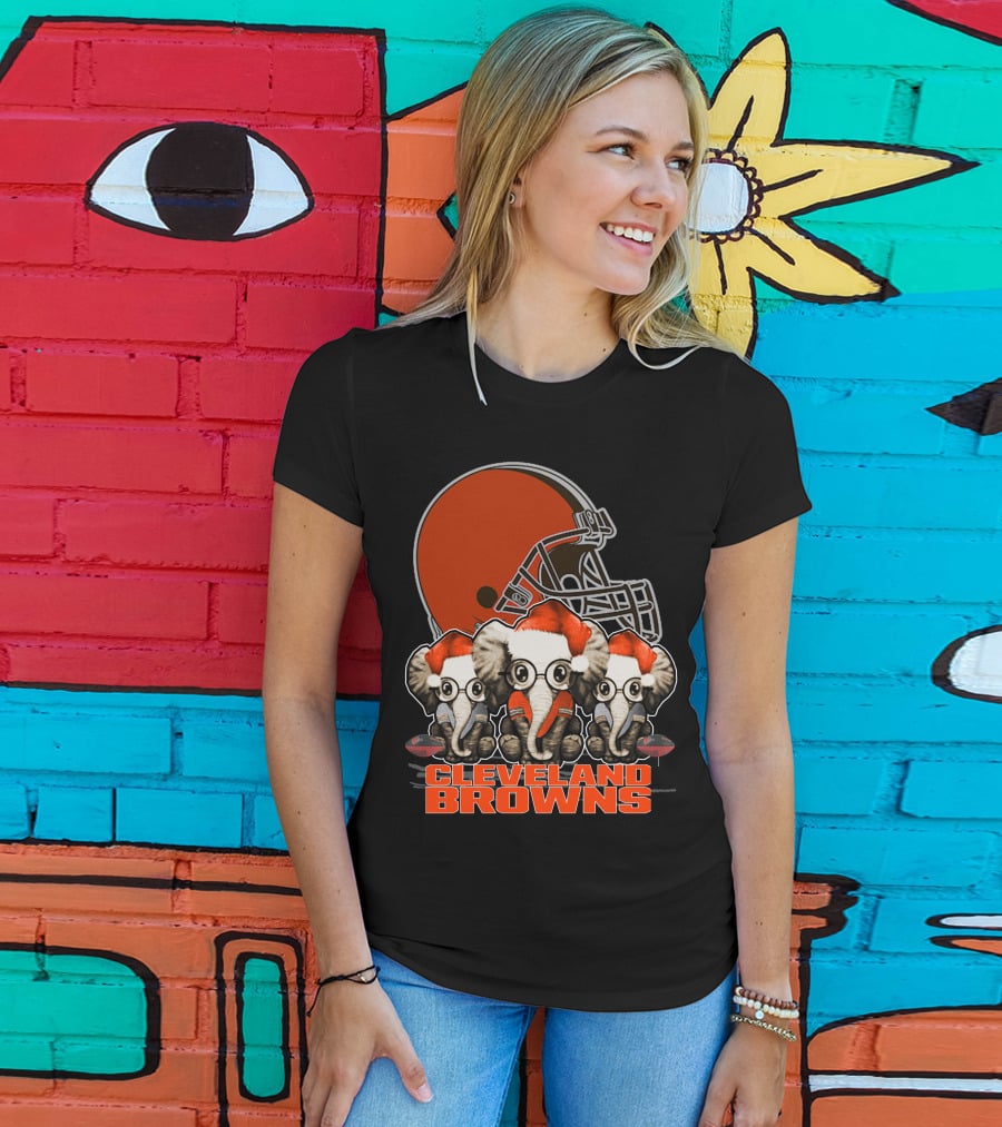 Cleveland Browns Christmas Elephants With Santa Hats T-Shirt