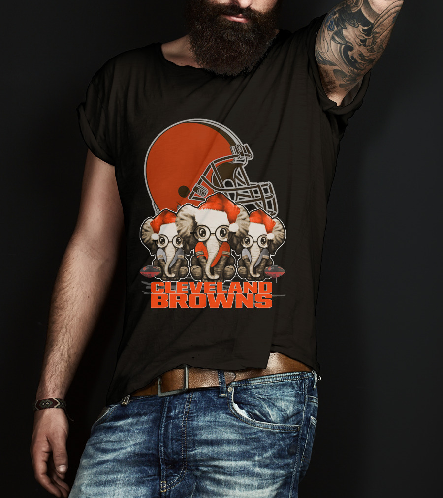 Cleveland Browns Christmas Elephants With Santa Hats T-Shirt