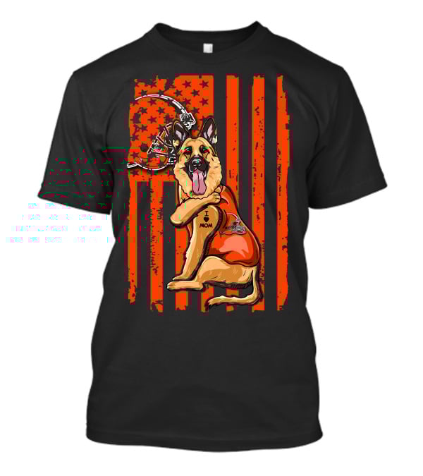 Cleveland Browns German Shepherd Dog And Football Helmet With Orange Flag Background T-Shirt