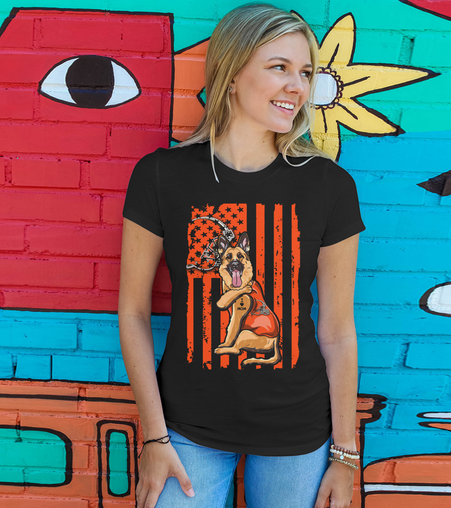 Cleveland Browns German Shepherd Dog And Football Helmet With Orange Flag Background T-Shirt