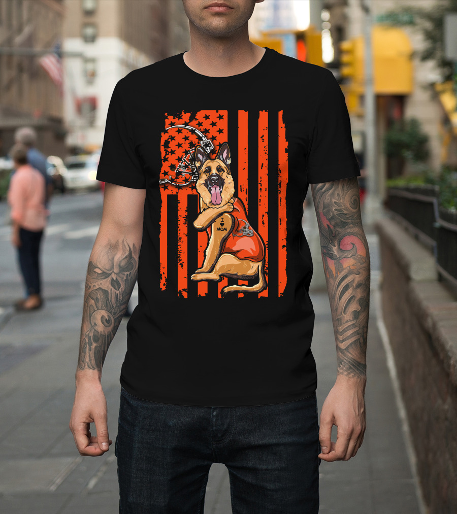 Cleveland Browns German Shepherd Dog And Football Helmet With Orange Flag Background T-Shirt