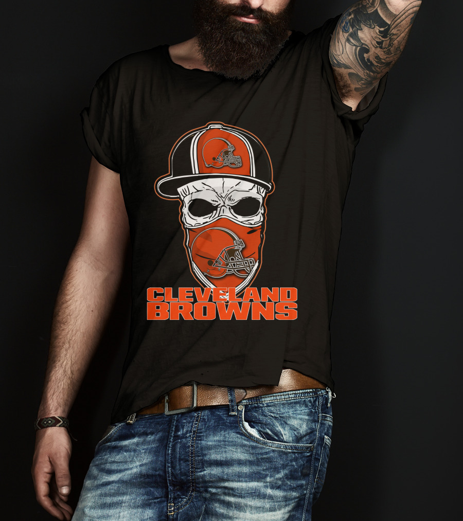 Cleveland Browns Skull With Helmet Hat And Face Mask T-Shirt