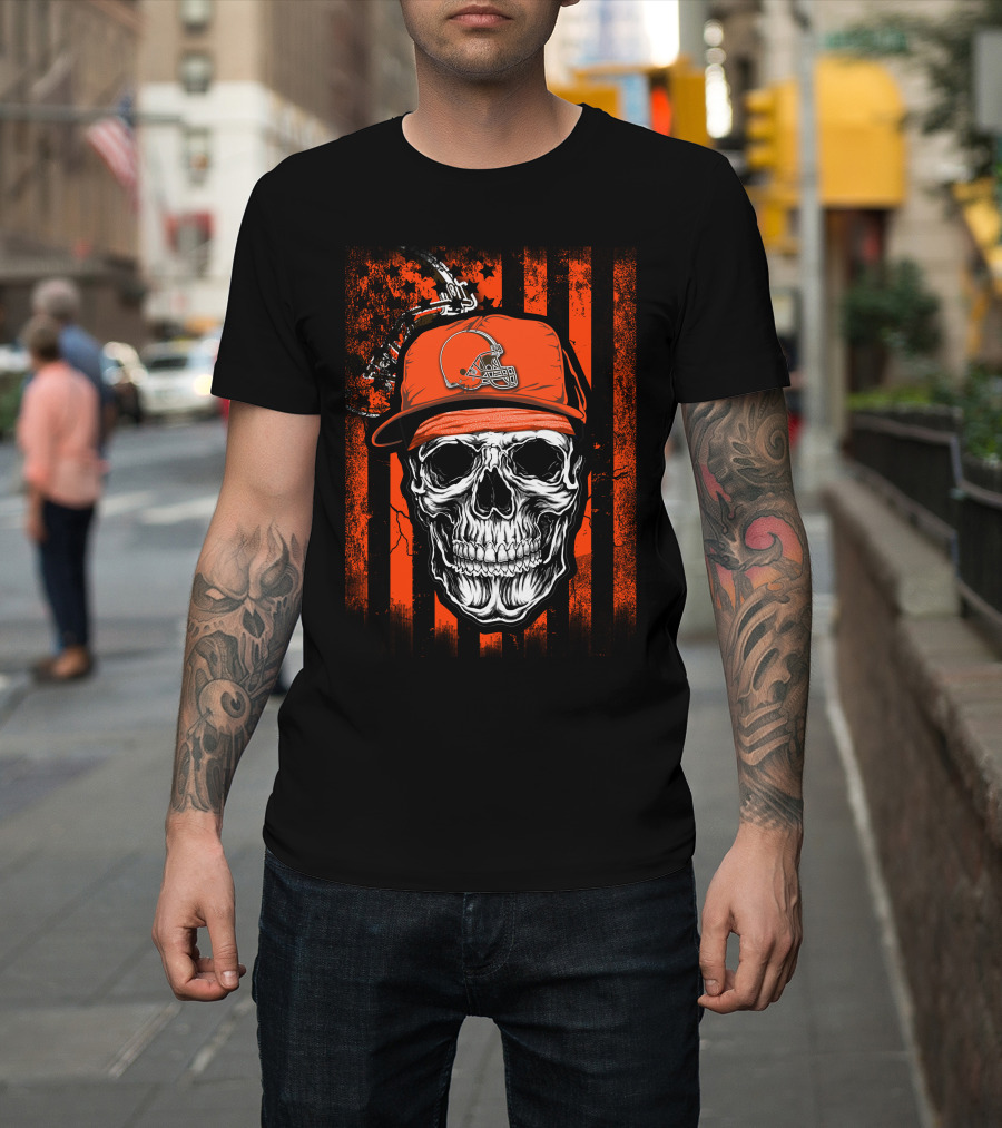 Skull in Cleveland Browns Helmet with Orange and Black Stripes T-Shirt