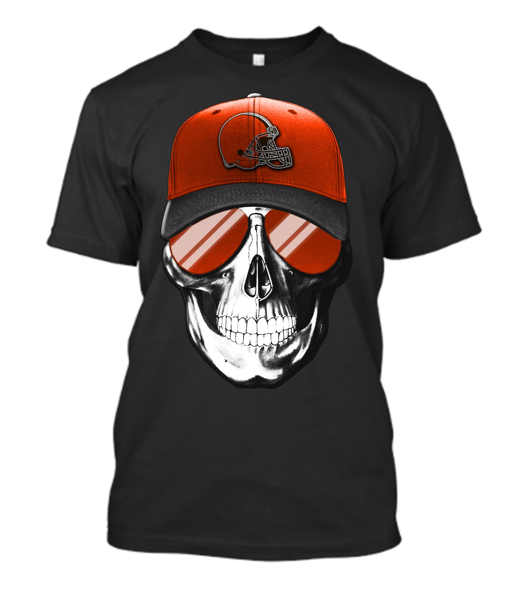 Cleveland Browns Skull With Football Helmet Hat And Sunglasses T-Shirt