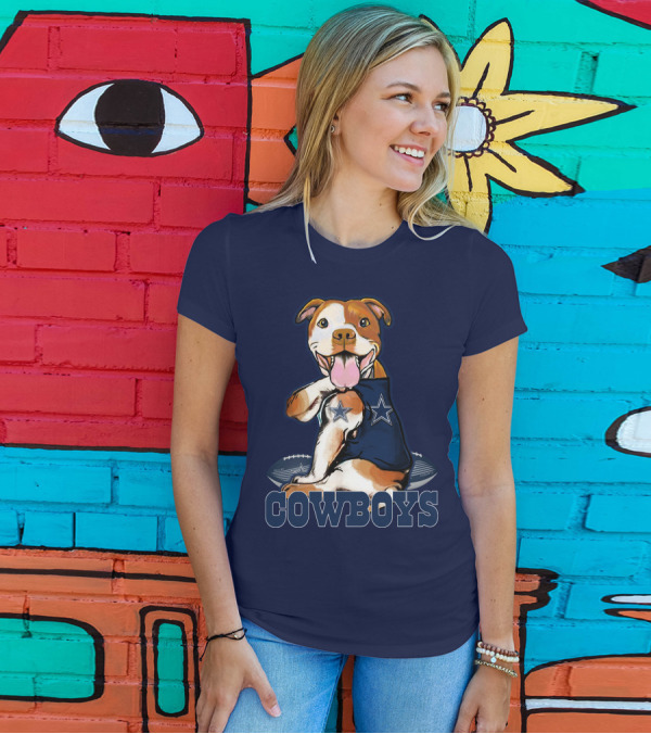 Pittbull Dallas Cowboys Pitbull Wearing Cowboys Jersey With Footballs T-Shirt