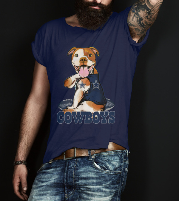 Pittbull Dallas Cowboys Pitbull Wearing Cowboys Jersey With Footballs T-Shirt