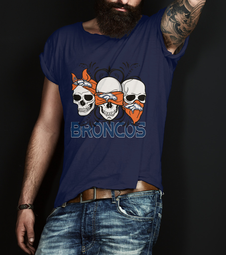 Broncos 3 Skull Bandana Denver Fans T-Shirt