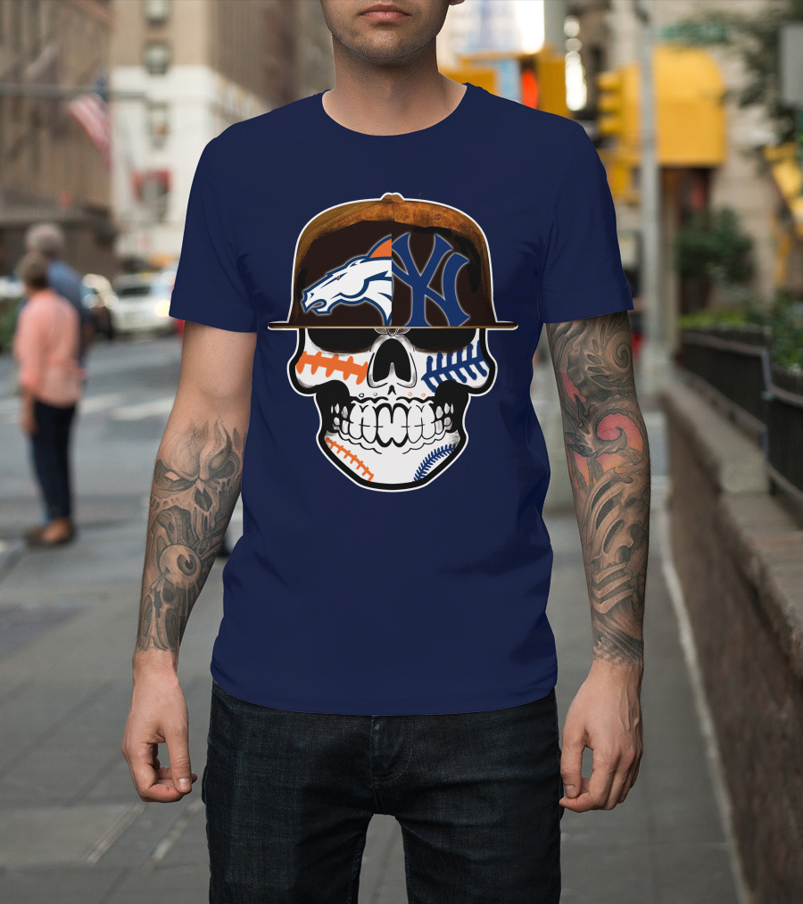 Denver Broncos New York Yankees Skull Sports Fusion T-Shirt