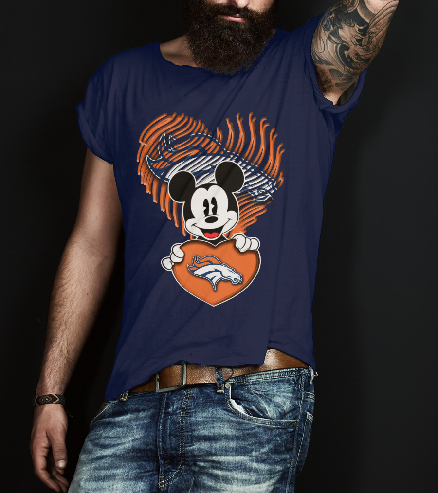 Mickey Mouse Holding Denver Broncos Logo Heart With Bronco Horse Outline T-Shirt
