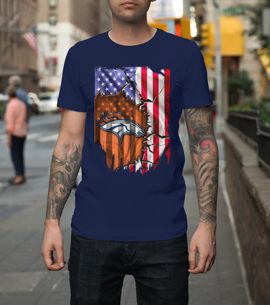 Flag V2 Denver Broncos American Flag Rip Style T-Shirt