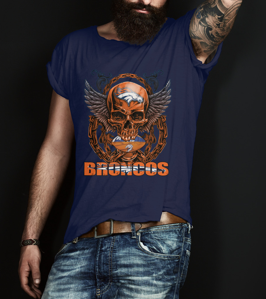 Skullfb Denver Broncos Winged Skull Football Chain T-Shirt