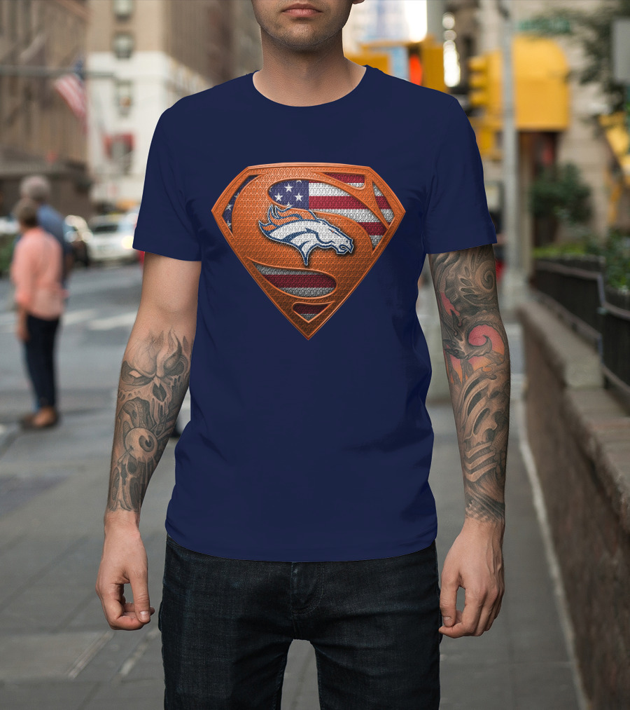 Denver Broncos Superhero Shield American Flag T-Shirt
