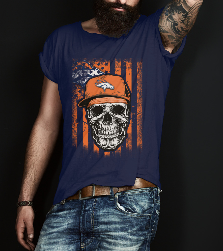 Skull V1 Denver Broncos Flag Style Football Skull Cap T-Shirt