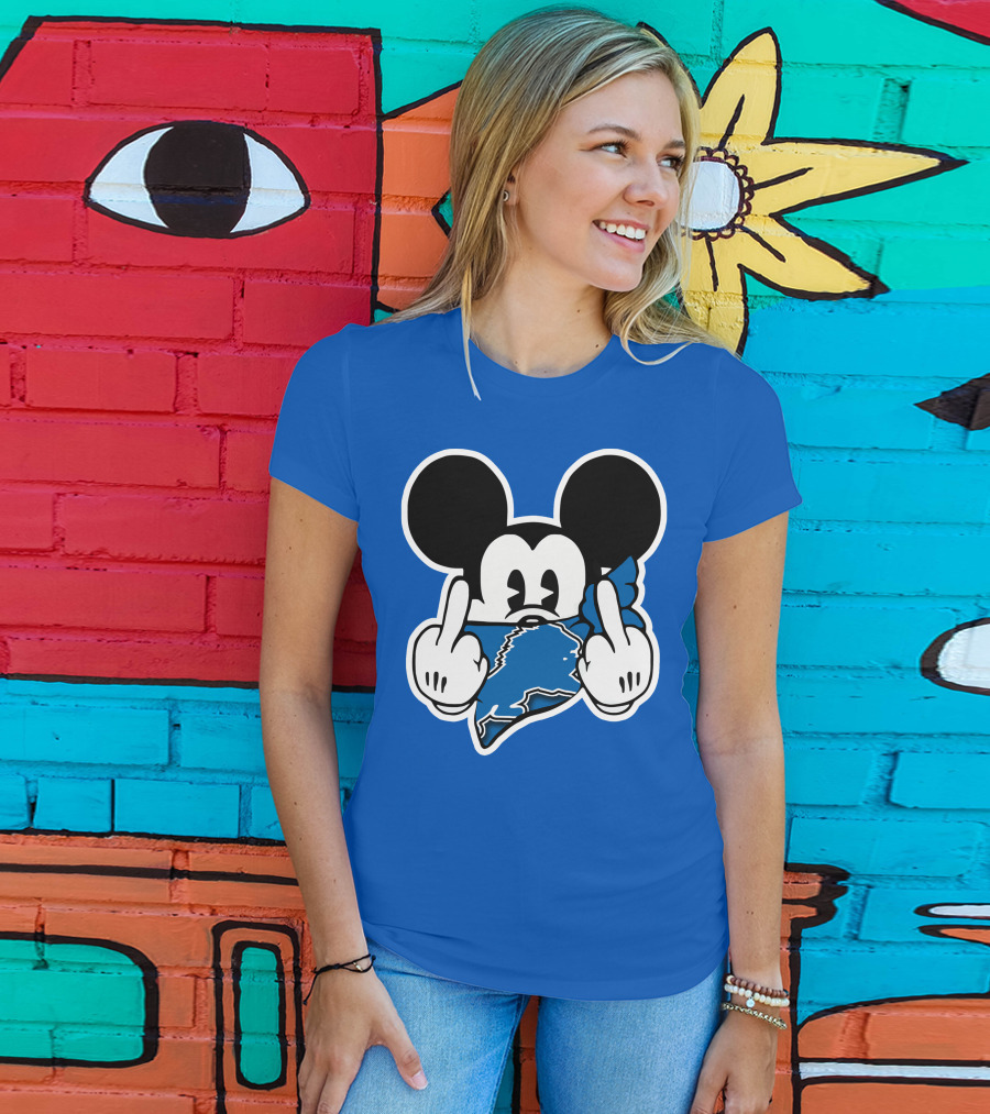 Detroit Lions 53 Mickey Mouse Gesture Blue Bandana T-Shirt