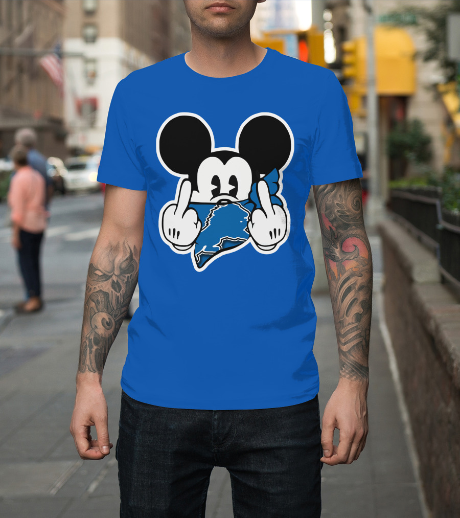Detroit Lions 53 Mickey Mouse Gesture Blue Bandana T-Shirt