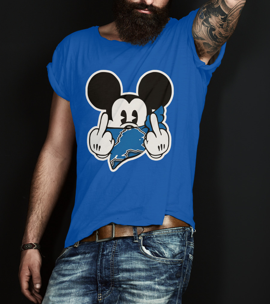 Detroit Lions 53 Mickey Mouse Gesture Blue Bandana T-Shirt