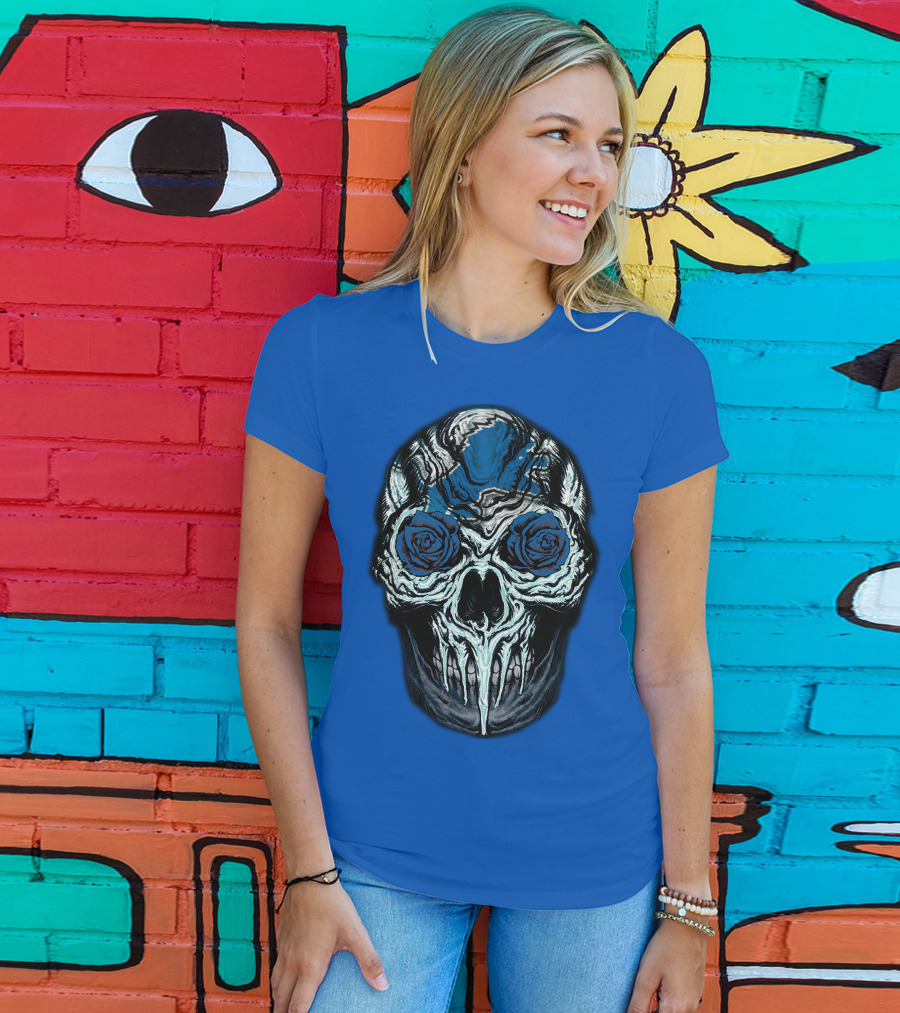 Detroit Lions 57 Skull Blue Roses T-Shirt