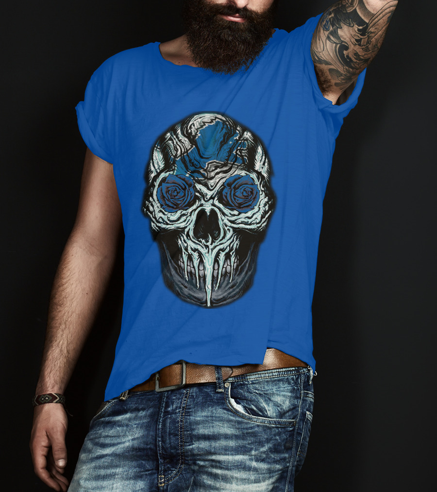 Detroit Lions 57 Skull Blue Roses T-Shirt