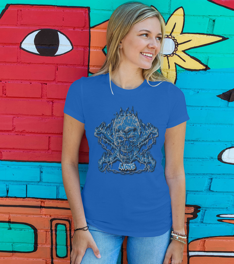 Detroit Lions Skull And Crossbones Fiery Blue T-Shirt