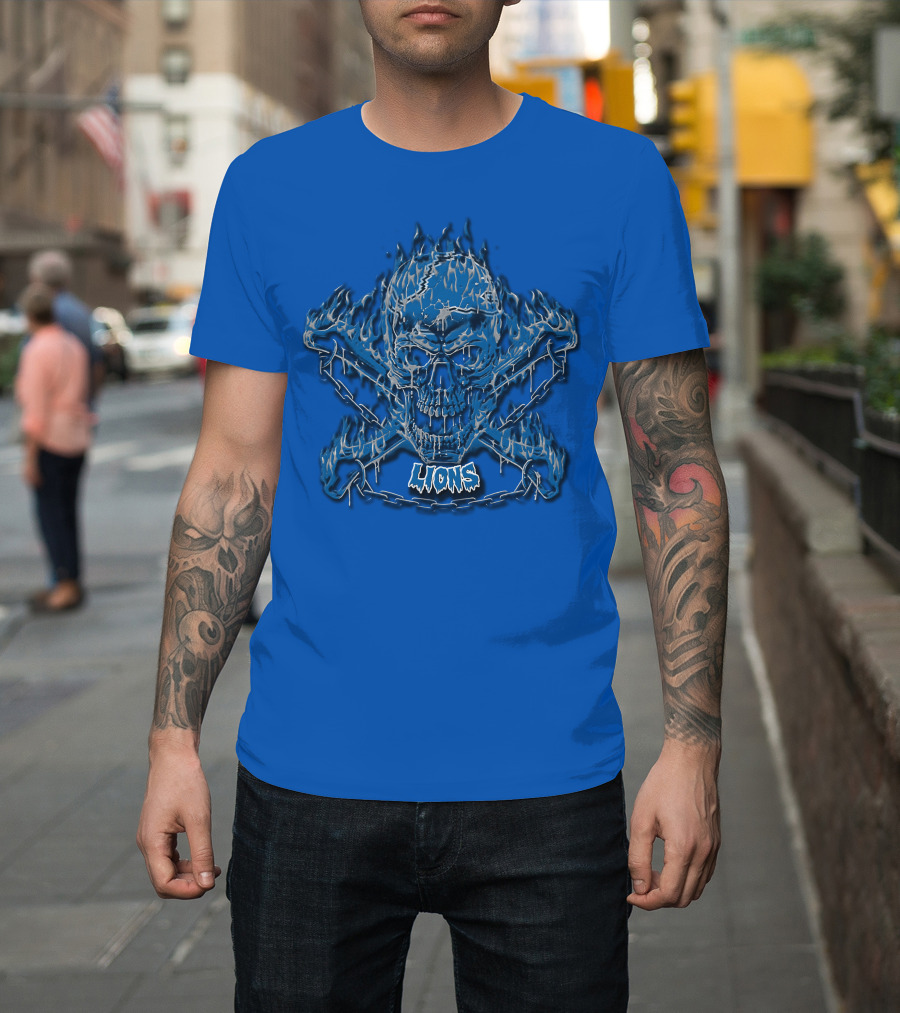 Detroit Lions Skull And Crossbones Fiery Blue T-Shirt