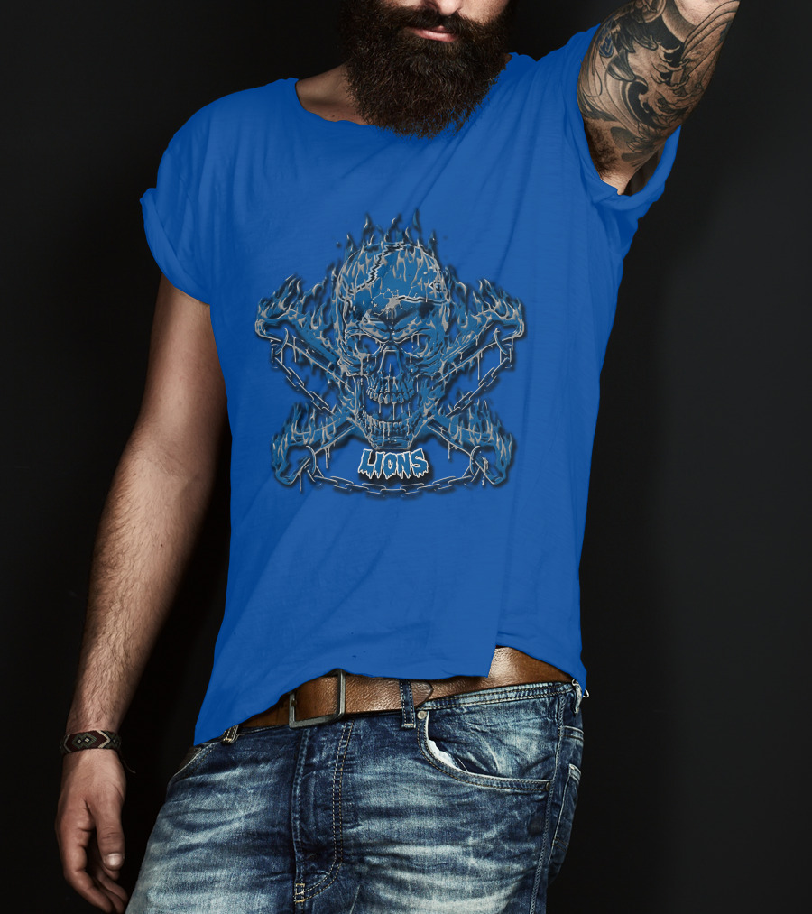 Detroit Lions Skull And Crossbones Fiery Blue T-Shirt