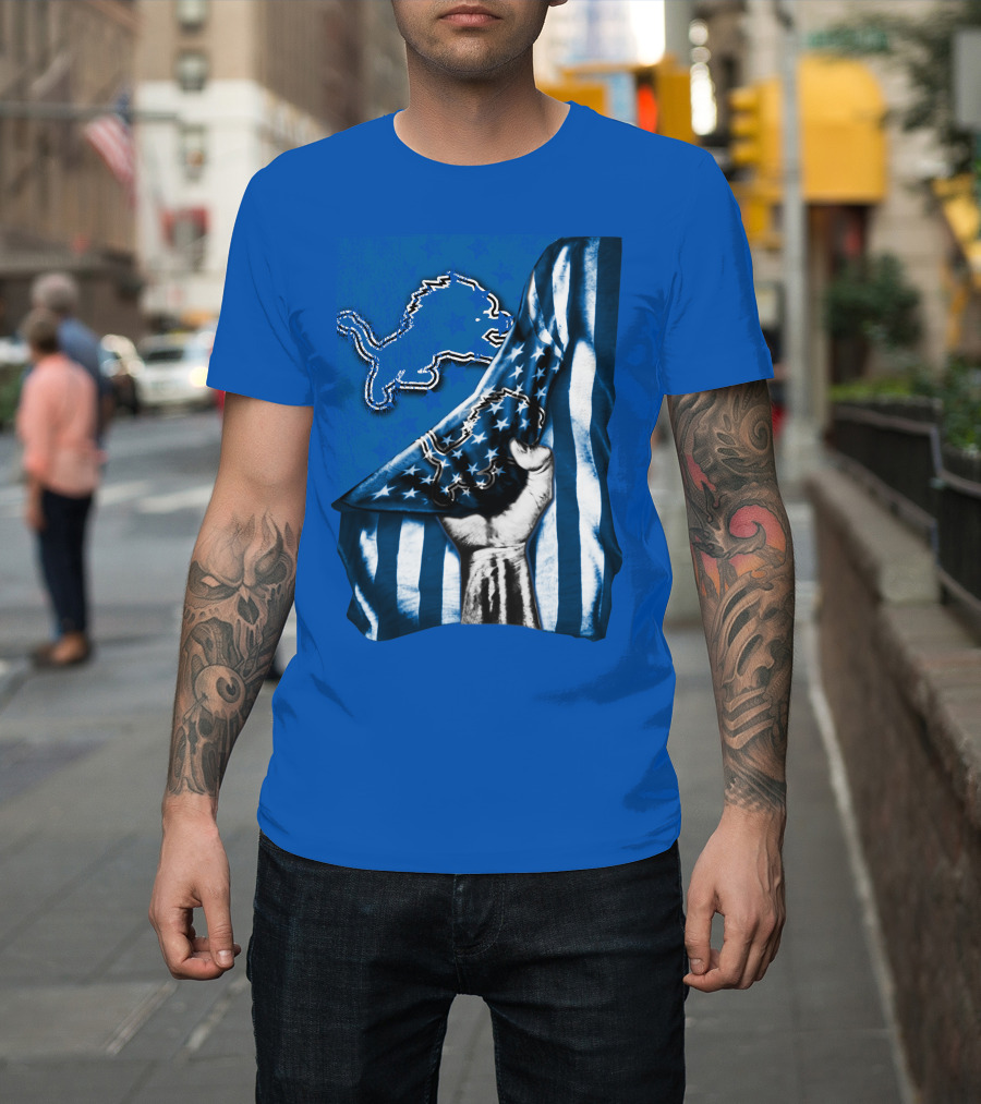 Flag V1 Detroit Lions Blue And White Stars And Stripes Fist T-Shirt