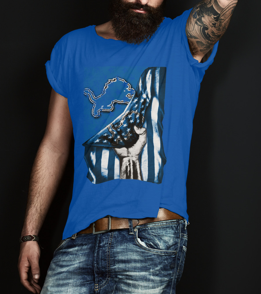 Flag V1 Detroit Lions Blue And White Stars And Stripes Fist T-Shirt