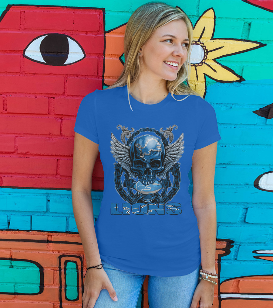 Winged Skull Detroit Lions Emblem Blue Silver Chains T-Shirt