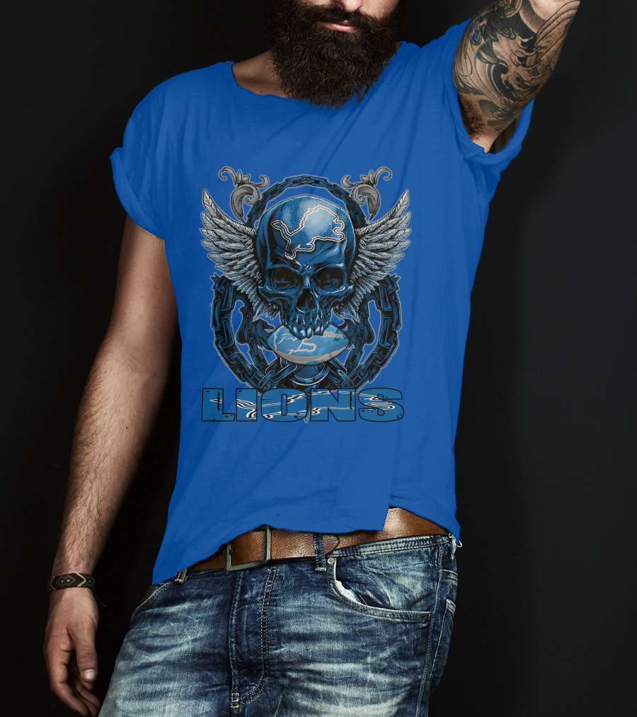 Winged Skull Detroit Lions Emblem Blue Silver Chains T-Shirt
