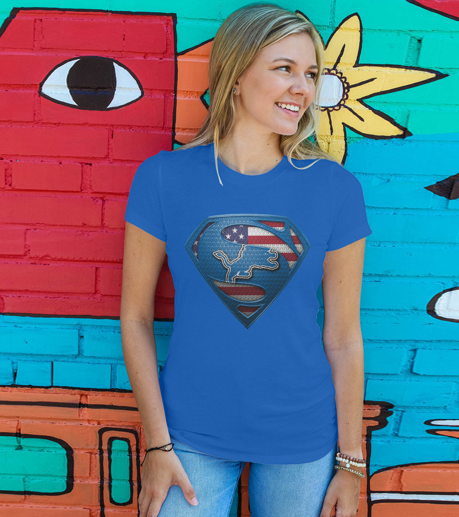 Spm Detroit Lions Superman Shield American Flag T-Shirt