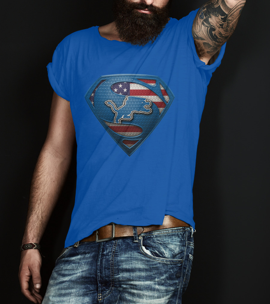 Spm Detroit Lions Superman Shield American Flag T-Shirt