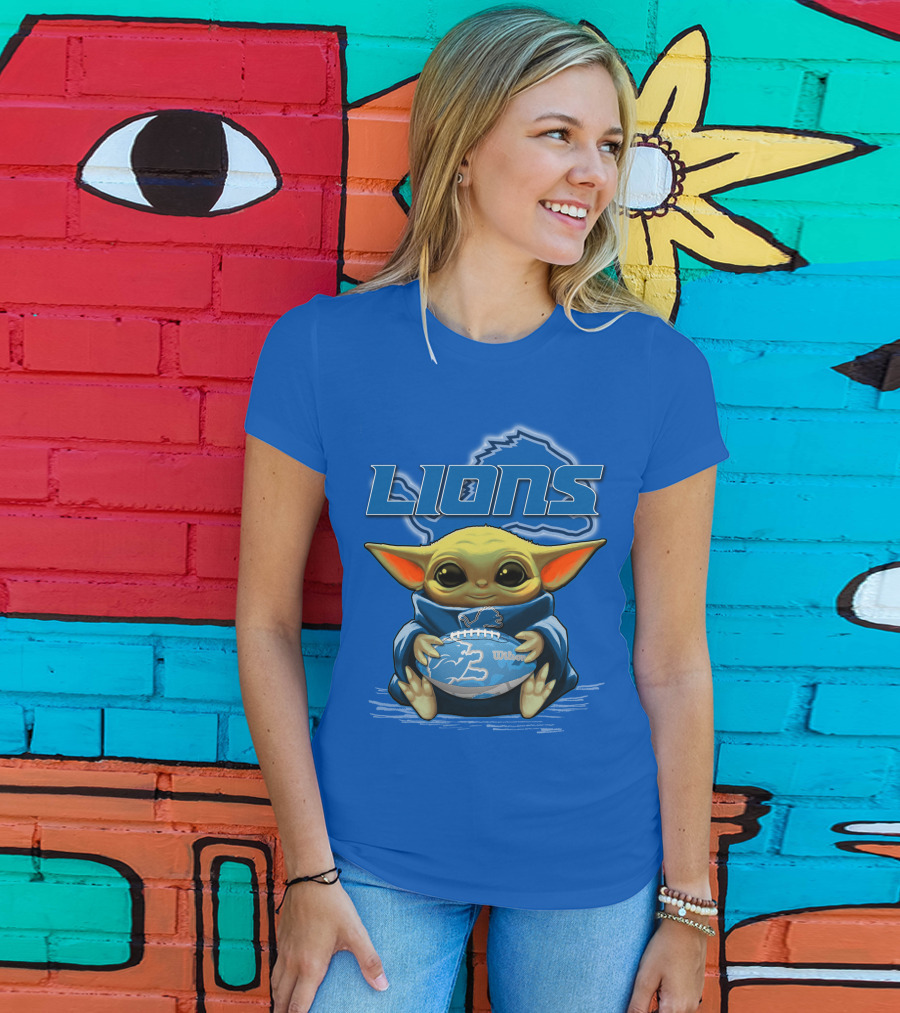 Lions Baby Yoda Holding Detroit Football Wilson Logo Fan Favorite T-Shirt