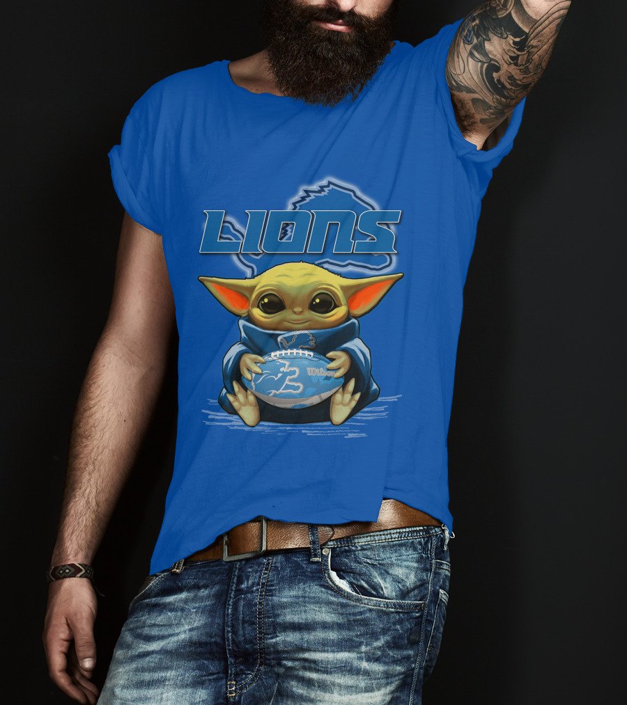 Lions Baby Yoda Holding Detroit Football Wilson Logo Fan Favorite T-Shirt