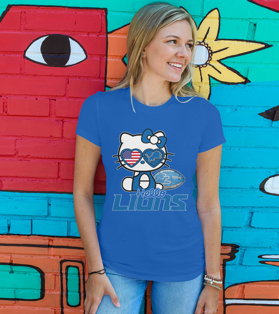 Hello Kitty Usa Detroit Lions Football Heart Glasses T-Shirt