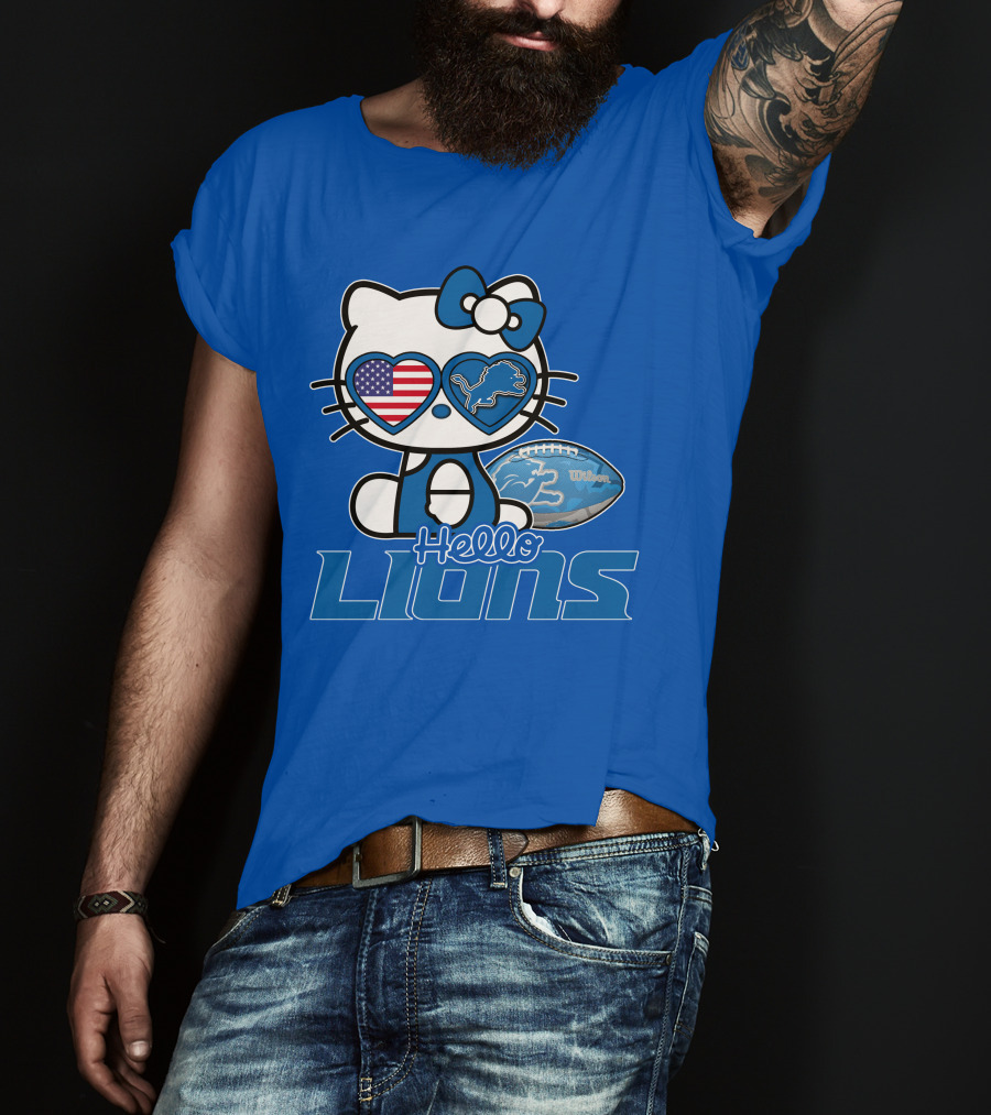 Hello Kitty Usa Detroit Lions Football Heart Glasses T-Shirt