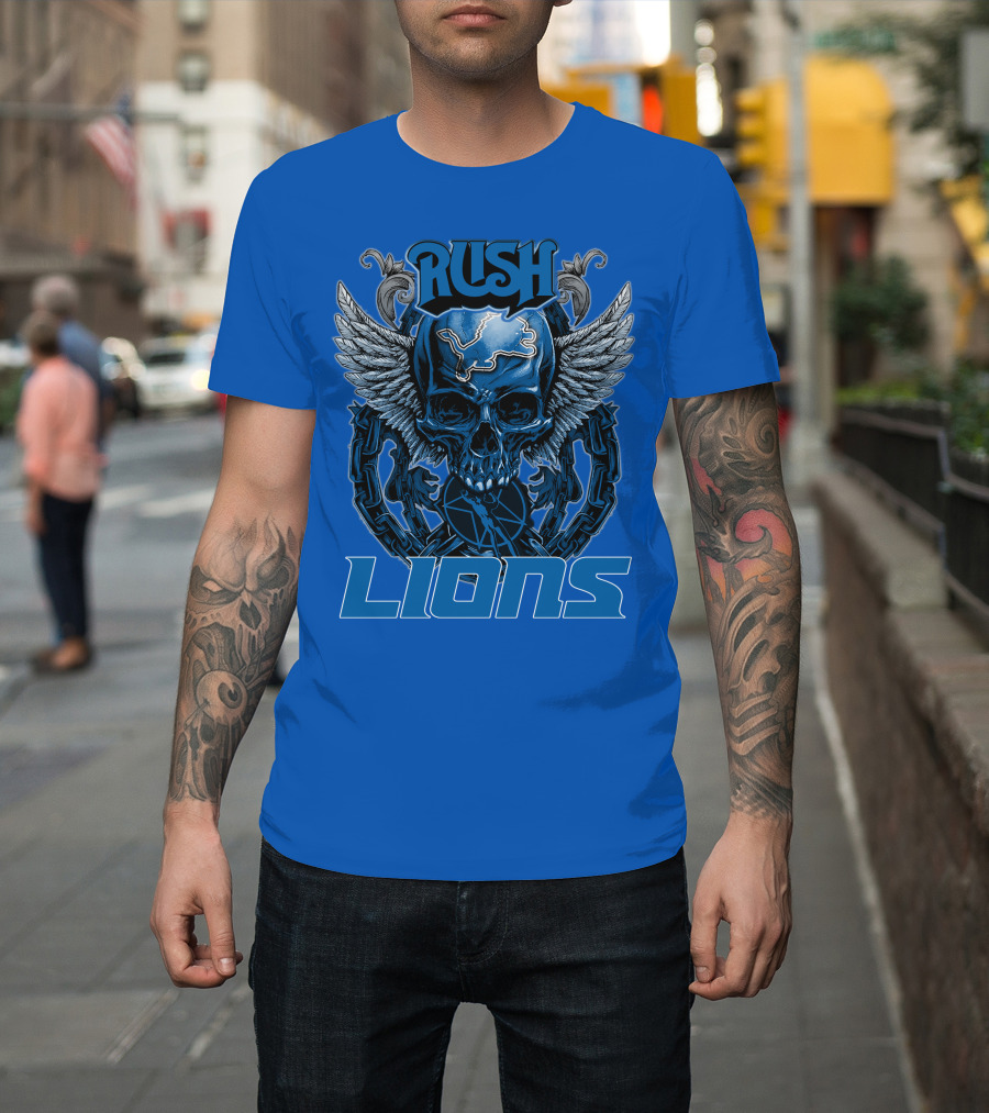 Rush Detroit Lions Skull With Wings And Chains T-Shirt