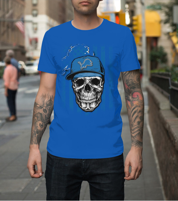 Shirt: DETROIT LIONS Skull with Cap Sports T-Shirt DETROIT LIONS Skull with Cap Sports T-Shirt