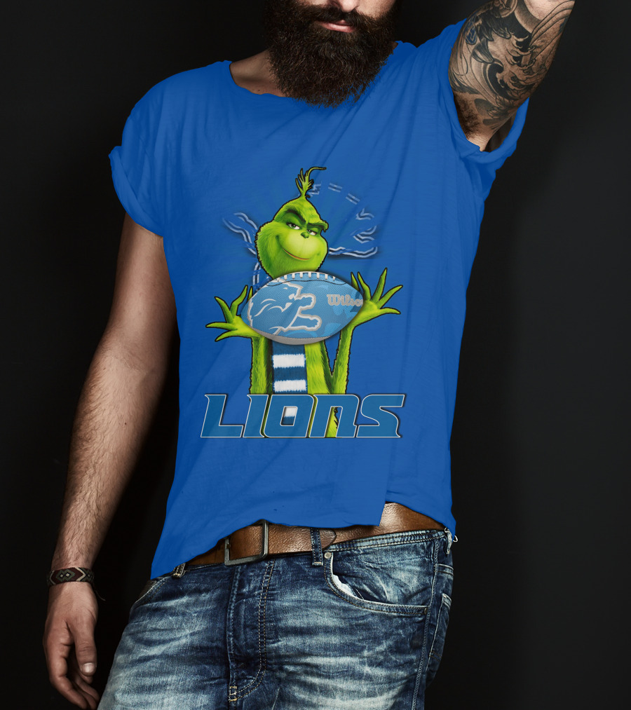 Grinch Holding Detroit Lions Football Blue T-Shirt