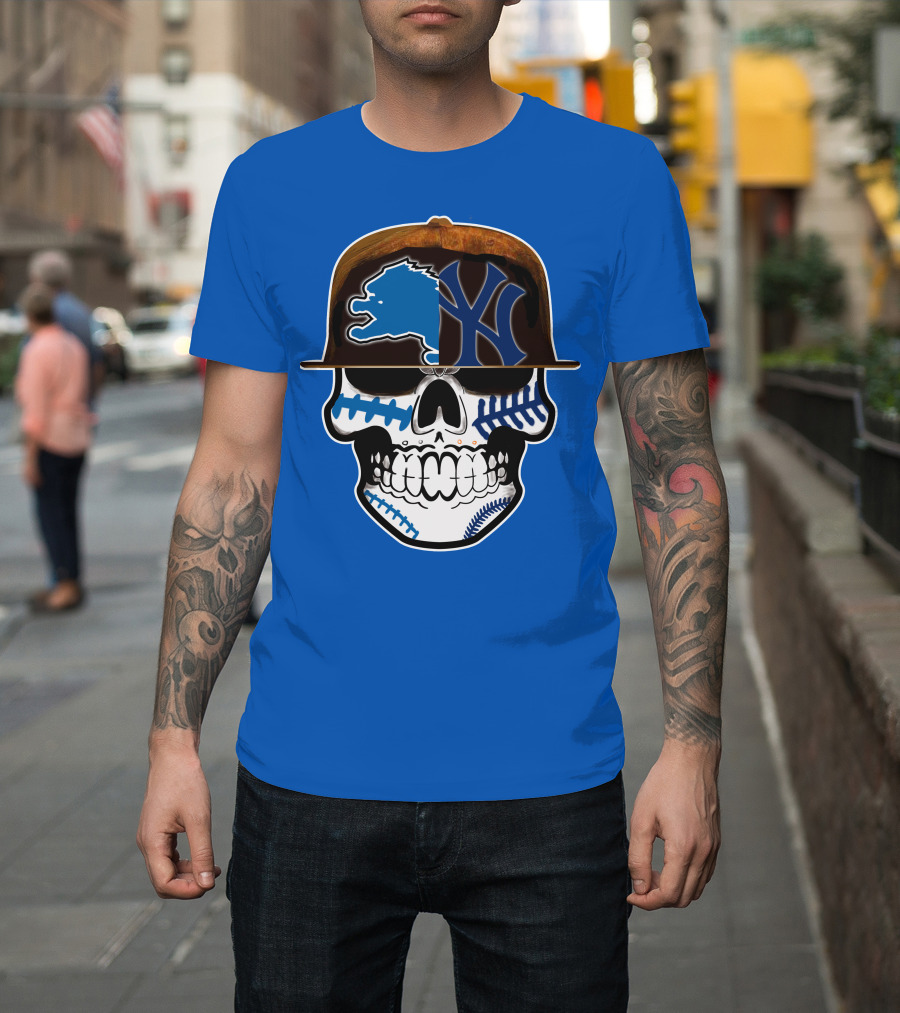 Detroit Lions Yankees Skull Blue Baseball Hat 74 T-Shirt
