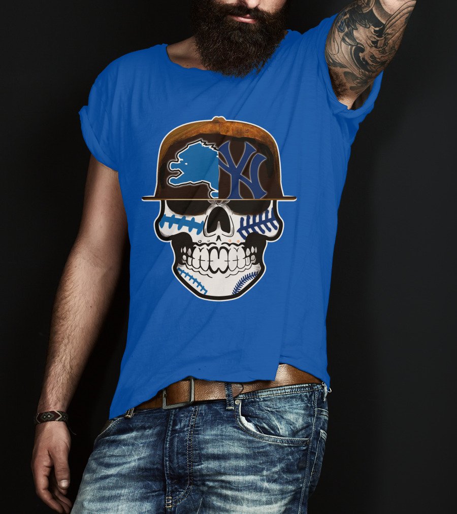 Detroit Lions Yankees Skull Blue Baseball Hat 74 T-Shirt