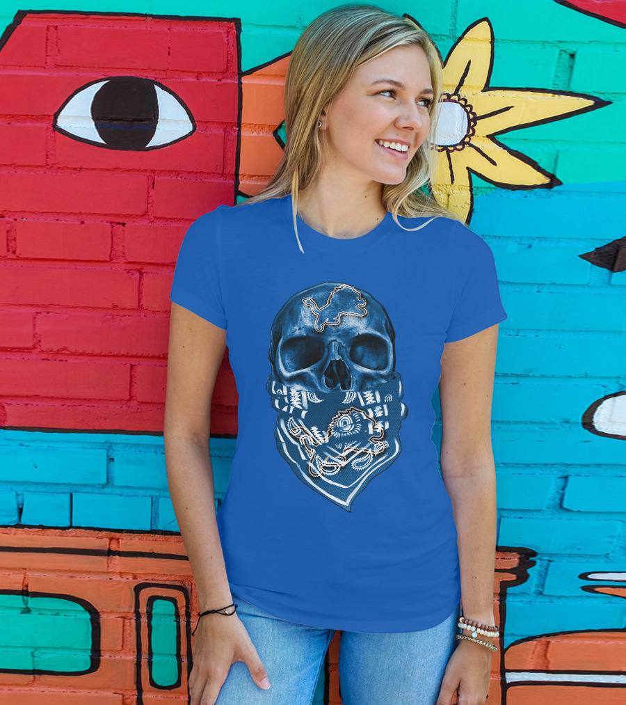 Detroit Lions Skull Bandana Blue T-Shirt
