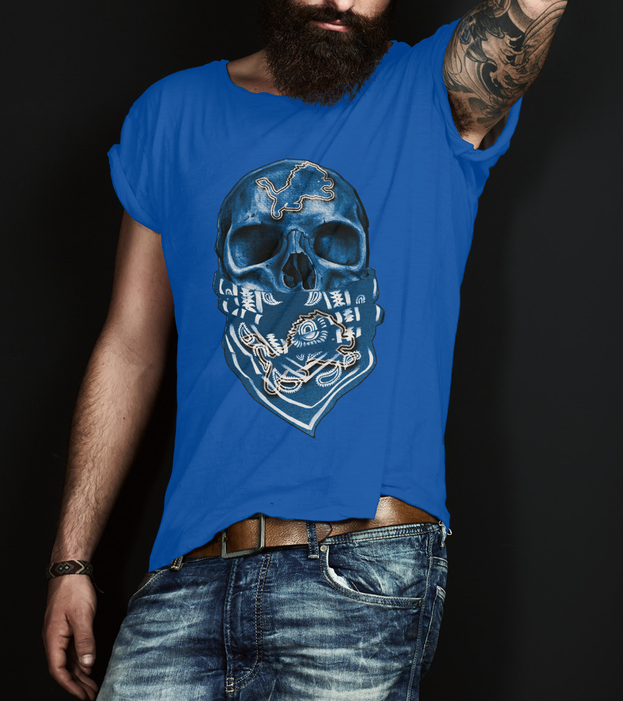Detroit Lions Skull Bandana Blue T-Shirt